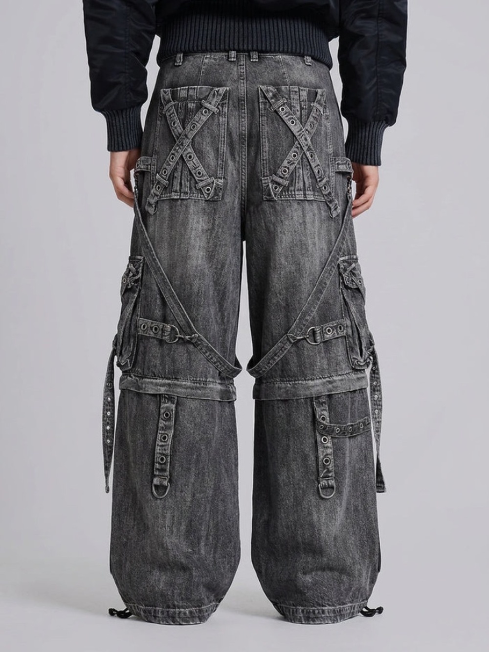 Y2K Washed Gray Strap Cargo Jorts Baggy Longline Shorts L